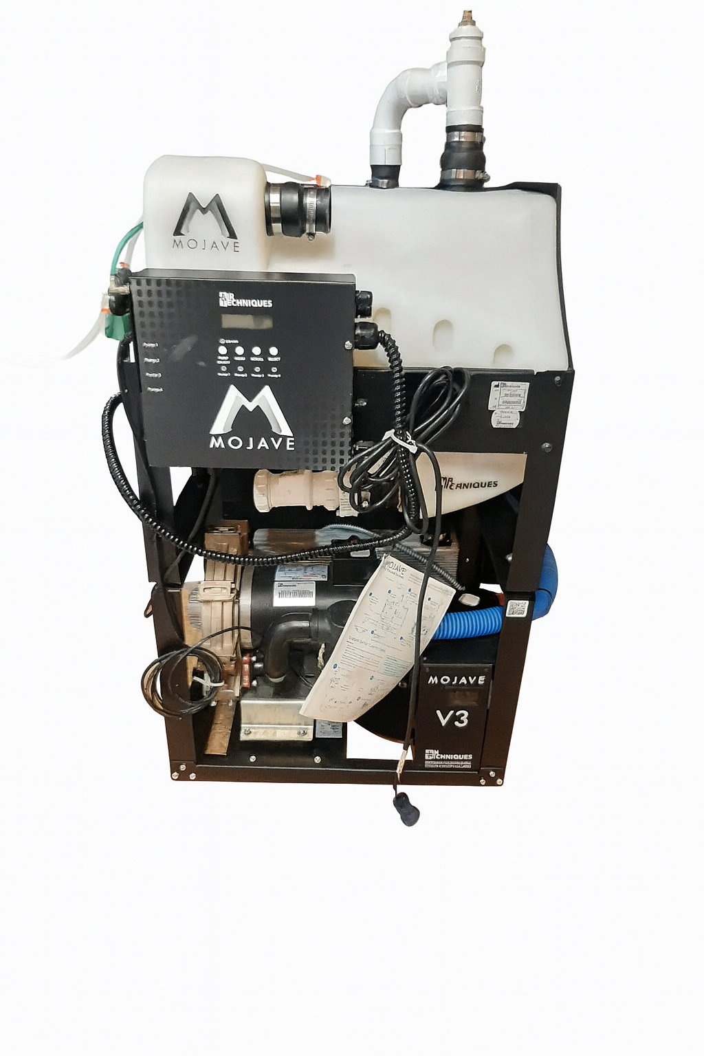 Air Techniques Mojave V3 dry vacuum, photo of the actual used unit on a removed white background, showing control panel, separator tank and motor.