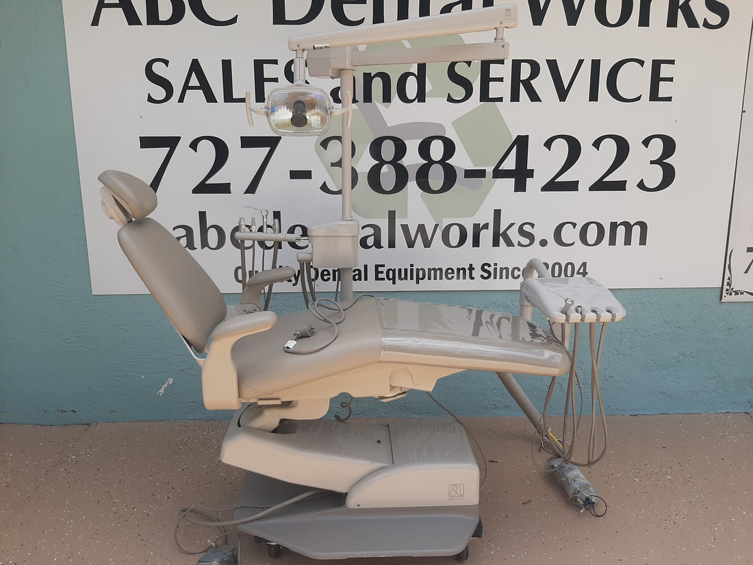 Refurbished A-dec Performer III 8000 dental chair with over-the-patient delivery system, side view