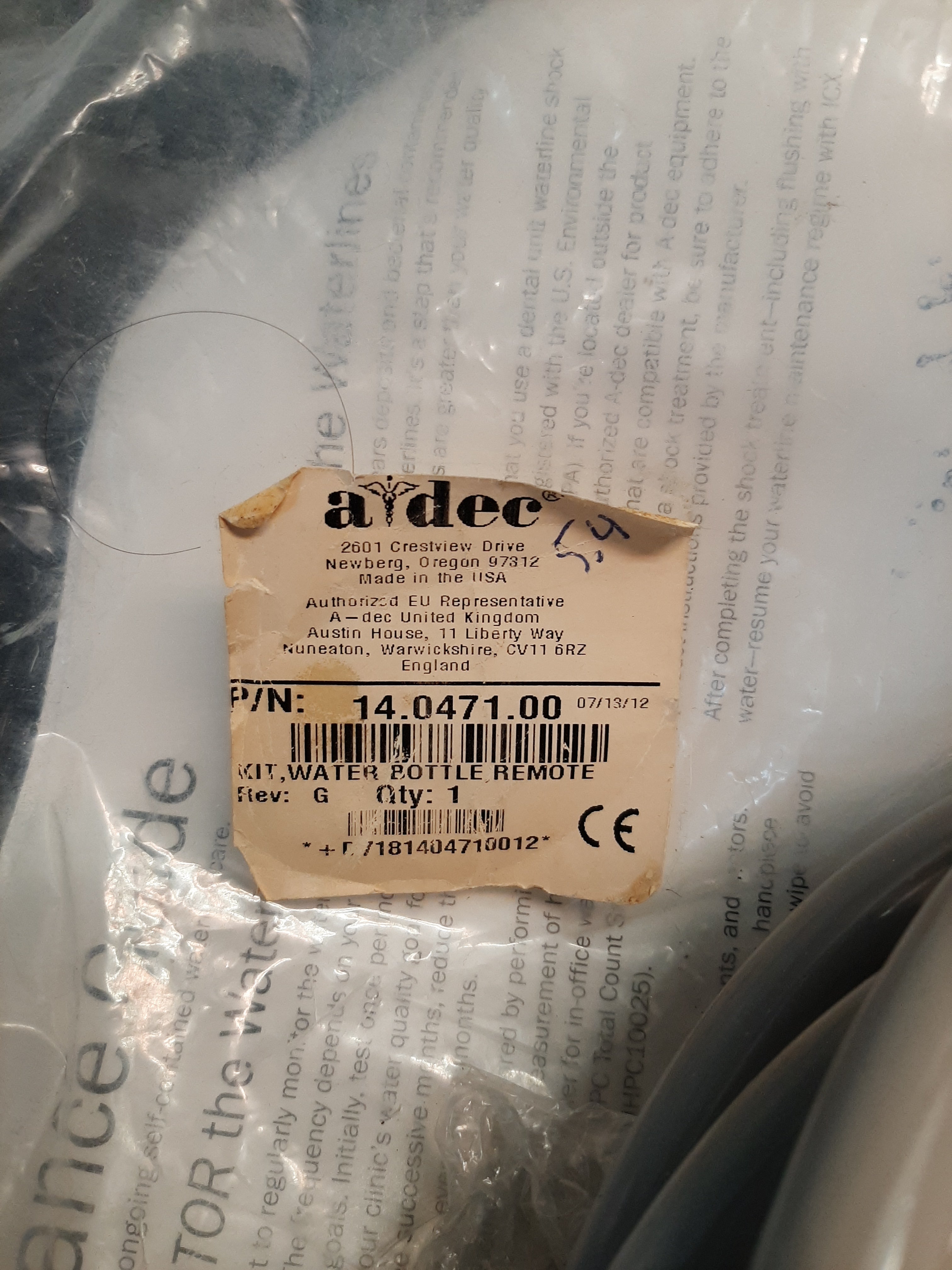 A-dec Water Bottle Kit with Wall/Cabinet Mount Assembly | Part #14.0471.00