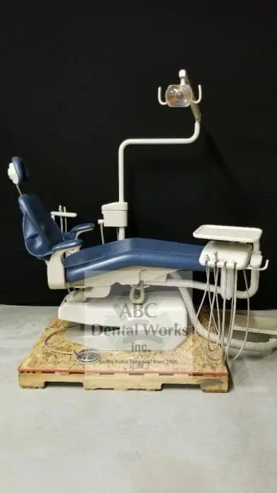 Refurbished A-dec Performer III 8000 operatory package: blue-upholstered chair with continental delivery, assistant's package and 6300 operatory light