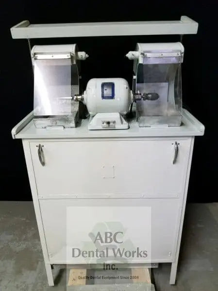 Handler lathe cabinet with twin lathe hoods and dust collection system, front view with cabinet doors closed
