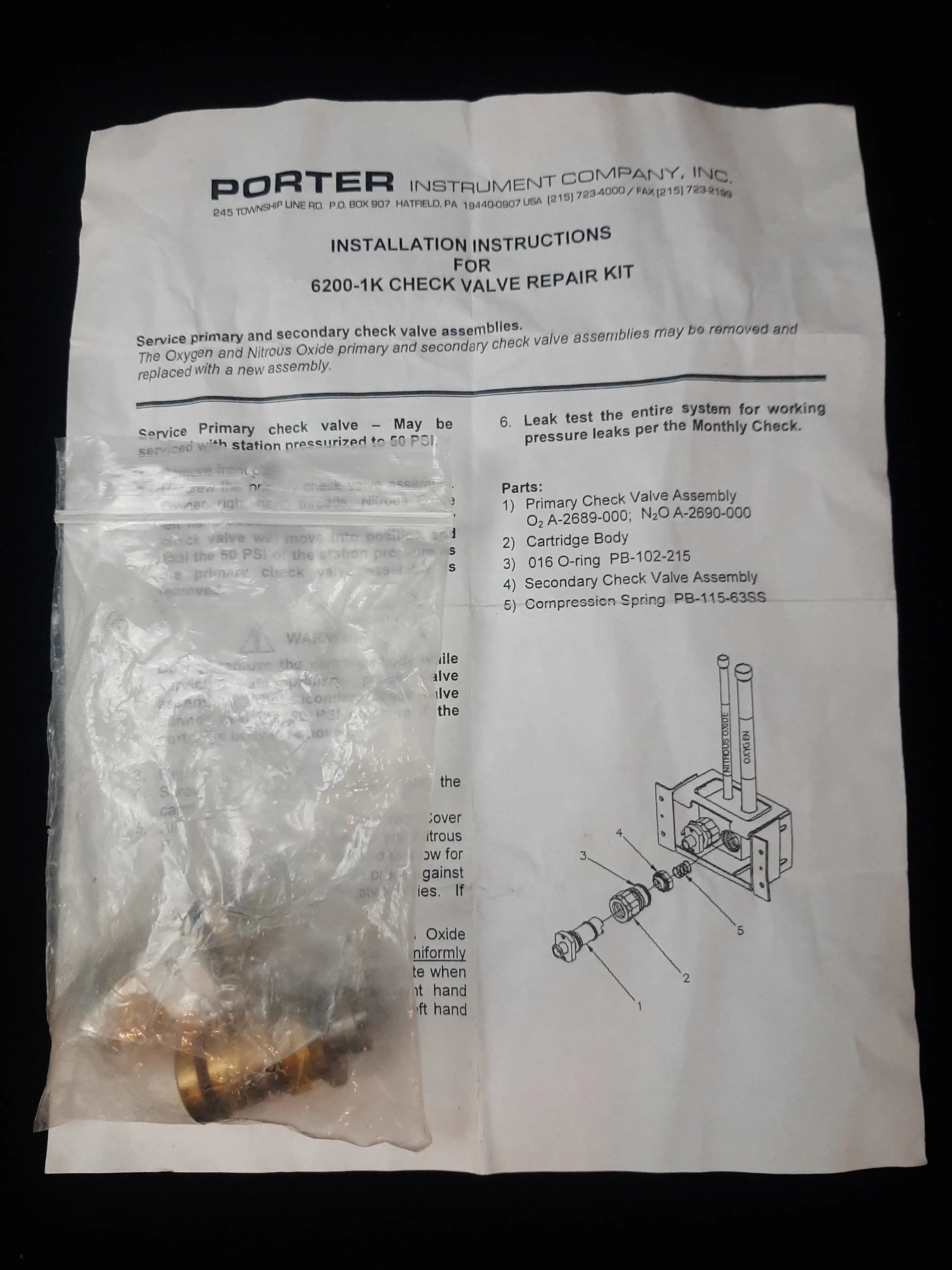 Porter 6200-1K Check Valve Repair Kit Set of 2 New Old Stock - Refurbished dental part