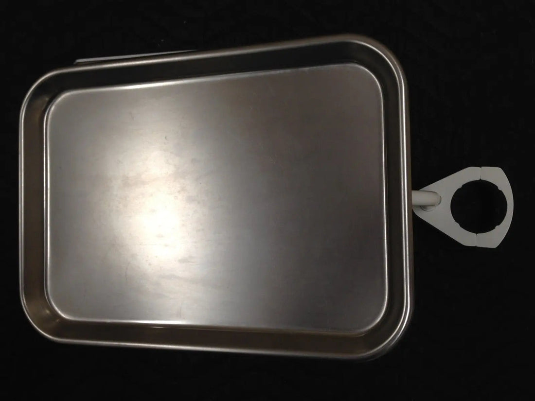 Post mount delivery shelf with stainless steel tray, front view