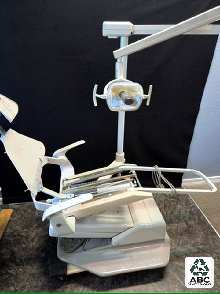 Refurbished A-dec 1021 dental chair with post-mounted A-dec 6300 light, opposite side view