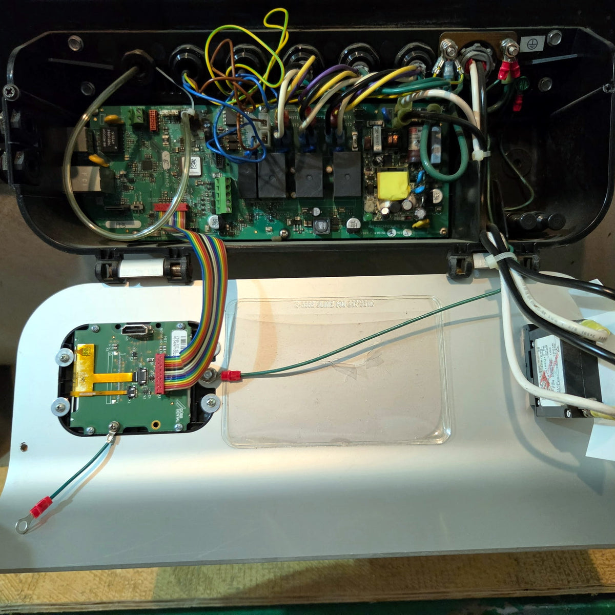Air Techniques AirStar 70 NEO control panel open showing main PCB 85156-3, touch screen 86438 and ribbon cable D1213